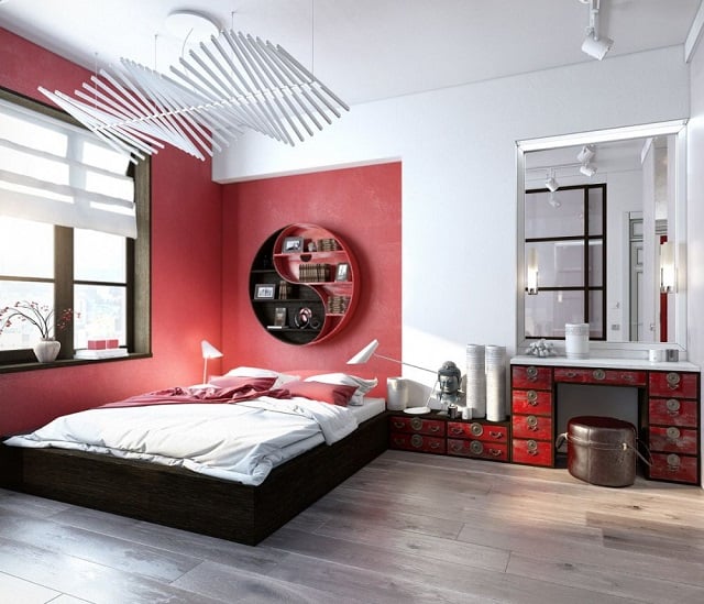 desain kamar nuansa oriental dengan aksen merah