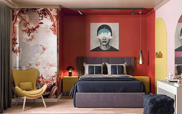 kamar tidur estetik warna merah