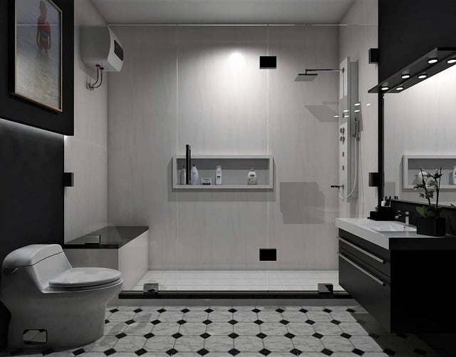desain kamar mandi hitam putih sederhana