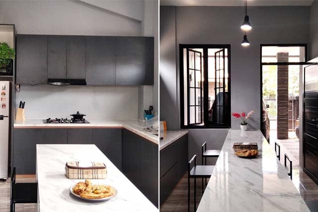 desain dapur hitam putih memanjang