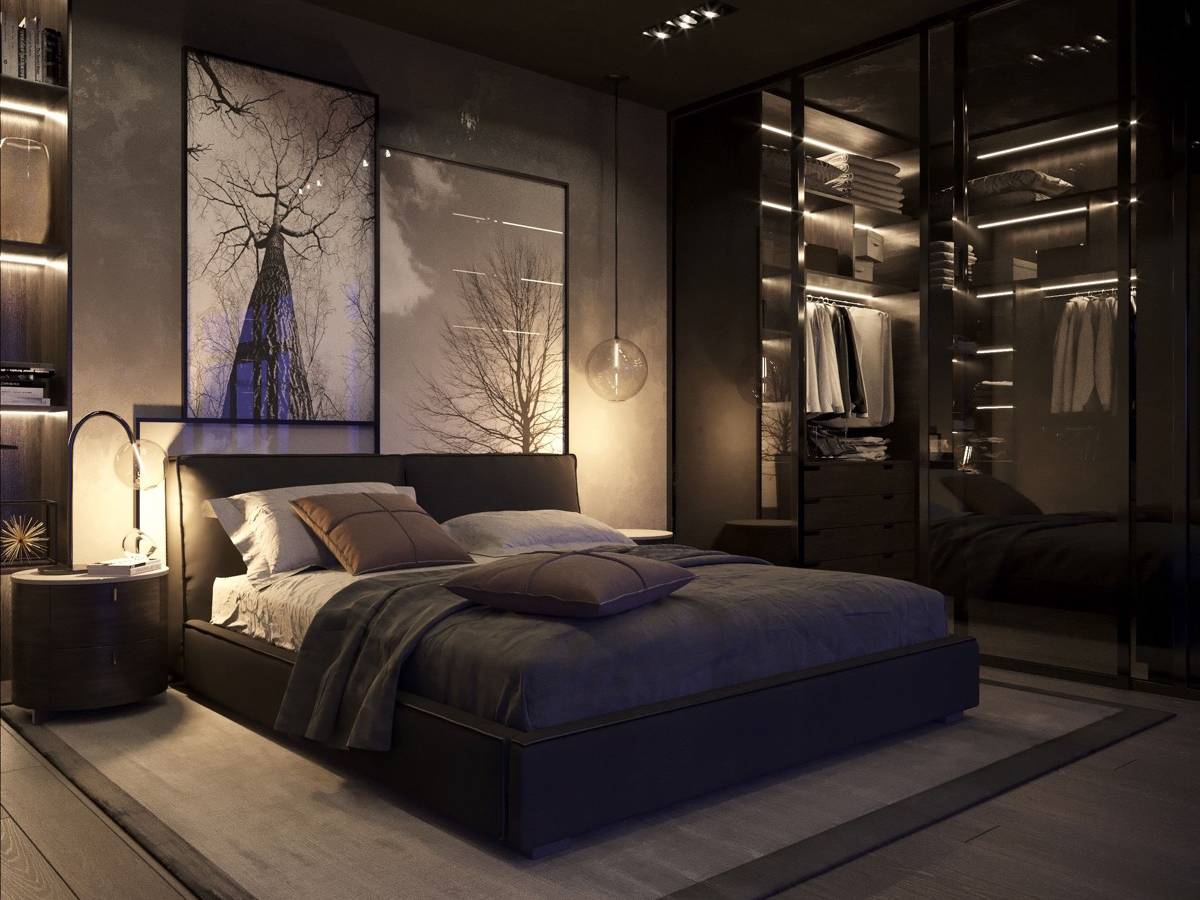 kamar hitam estetik dengan cahaya lampu kuning