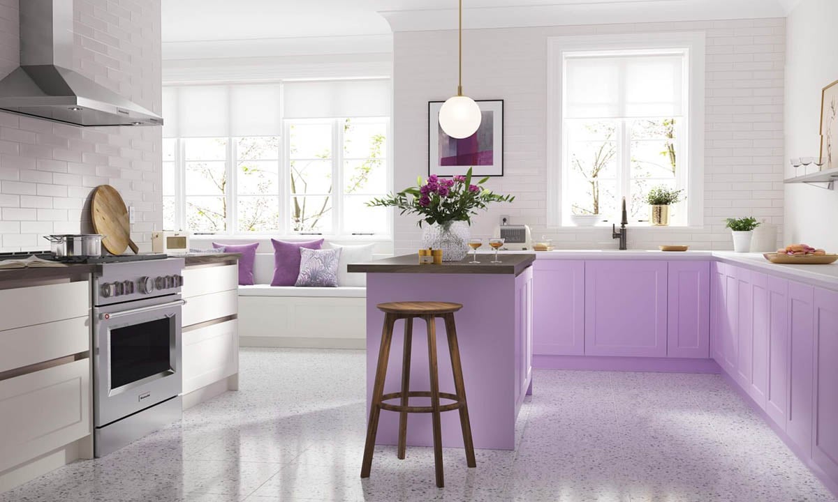 desain dapur cat ungu putih