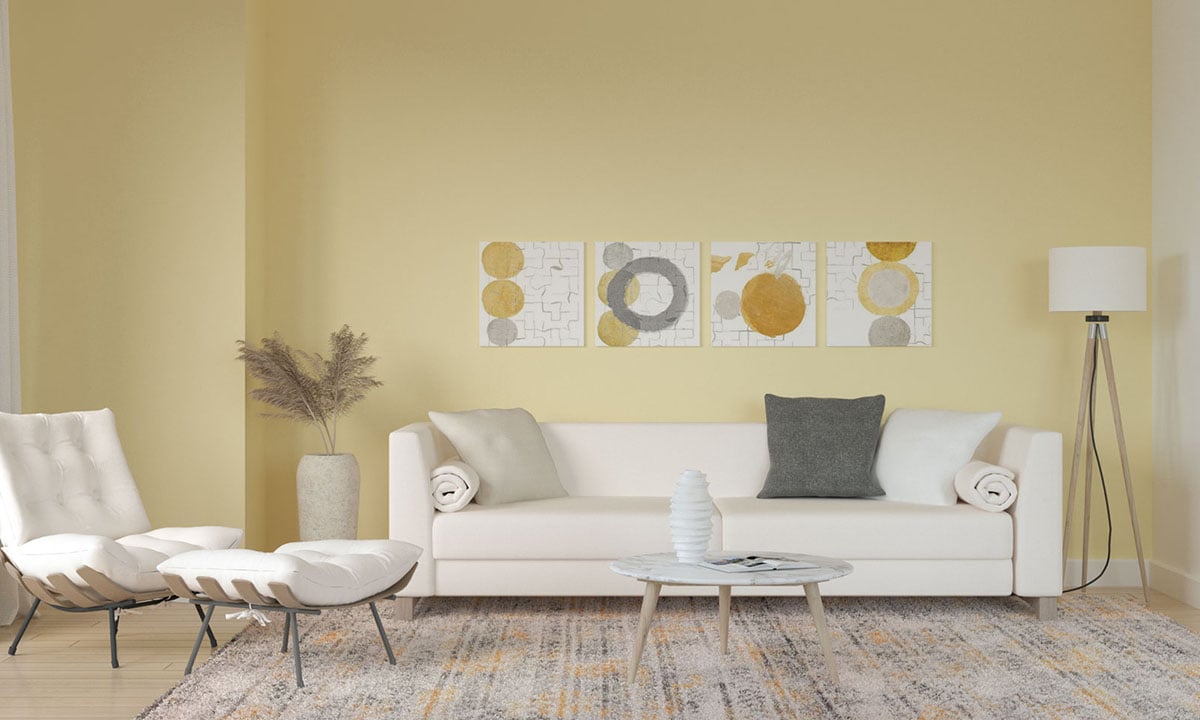 cat warna kuning pastel untuk ruang tamu