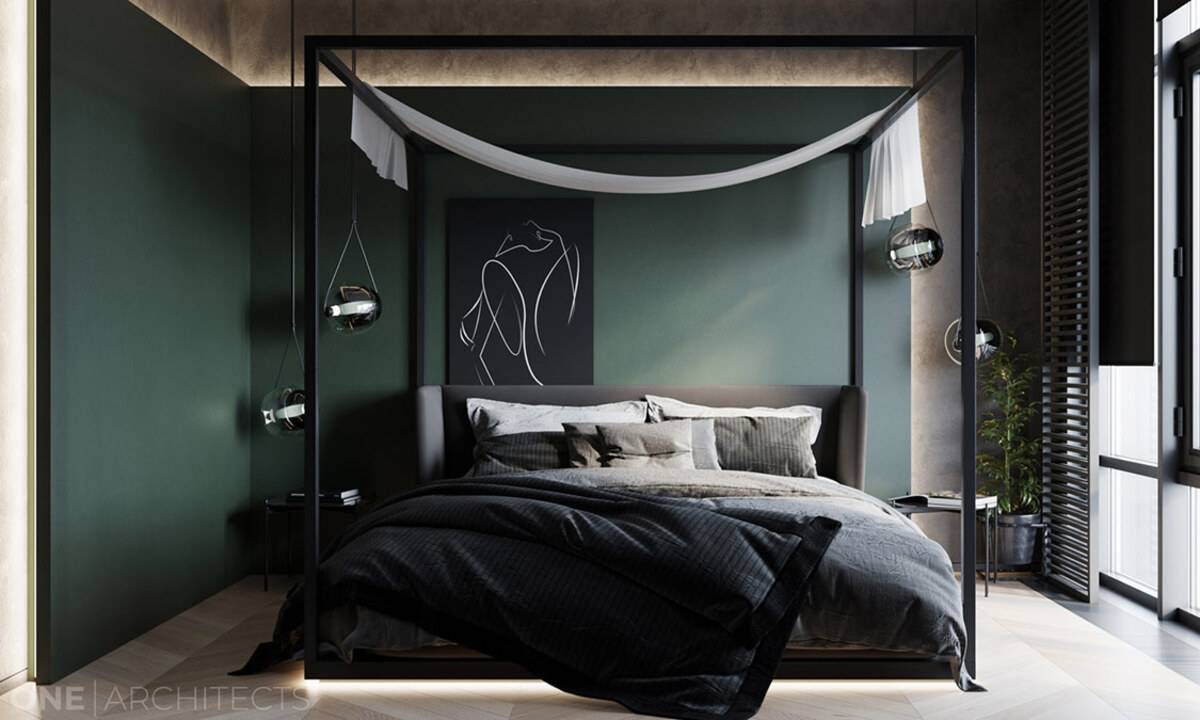 kamar tidur berwarna hijau dan hitam