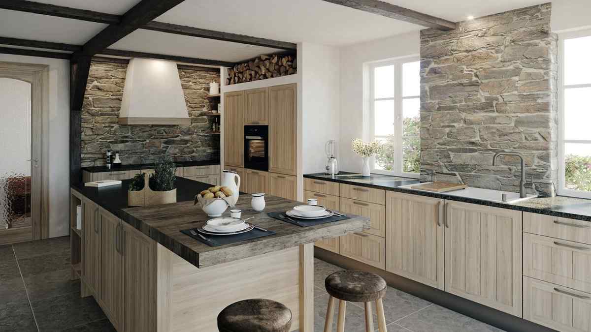 desain dapur dengan batu alam rustic