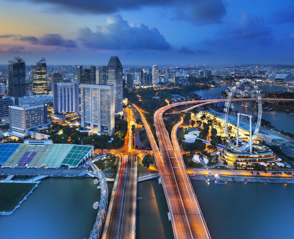 Panorama of Singapore from Marina Bay hotel, in the night.