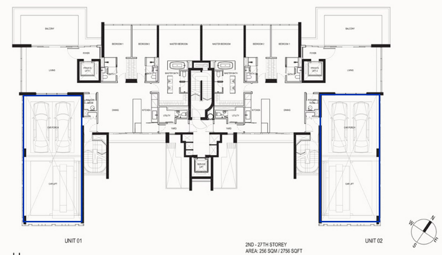 Each unit in Reignwood Hamilton Scotts has an ensuite sky garage and car lift - indicated in the blue boxes