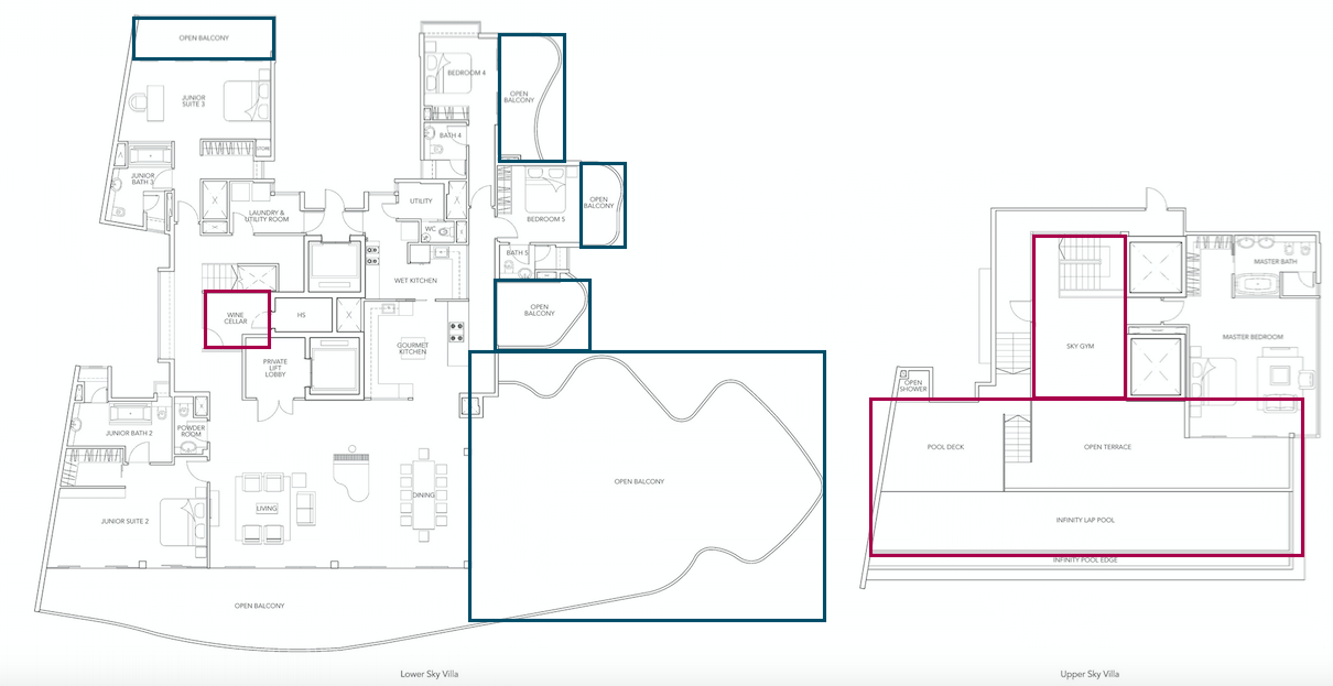 The many balconies of the penthouse unit in the Turquoise highlighted in blue boxes as well as many other amenities such as a wine cellar, sky gym and pool (highlighted in red)