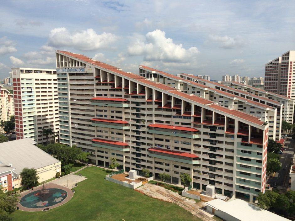 The sloping roofs of a cluster of HDB blocks in Potong Pasir