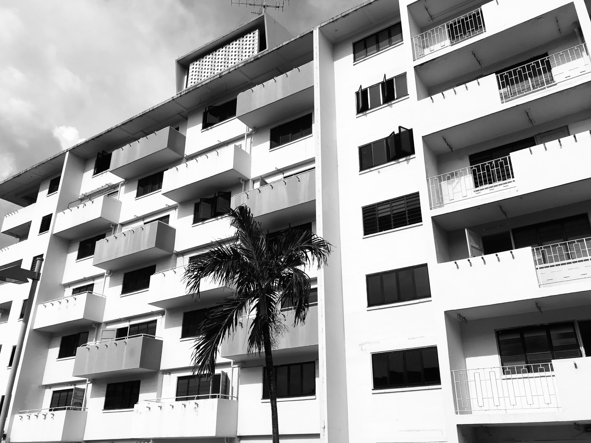 Black and white photo of old HDB flats