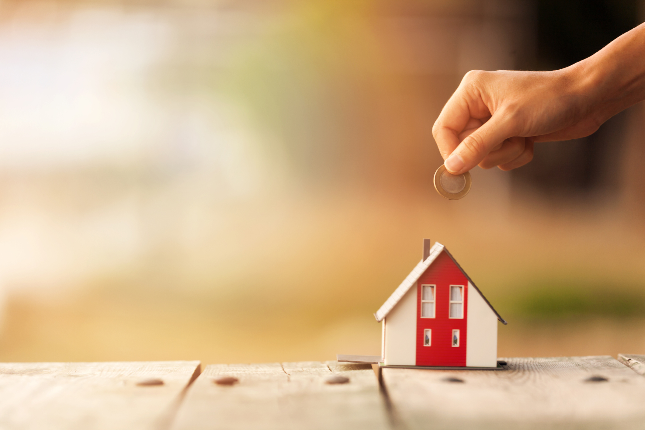 person holding a coin above a miniature house