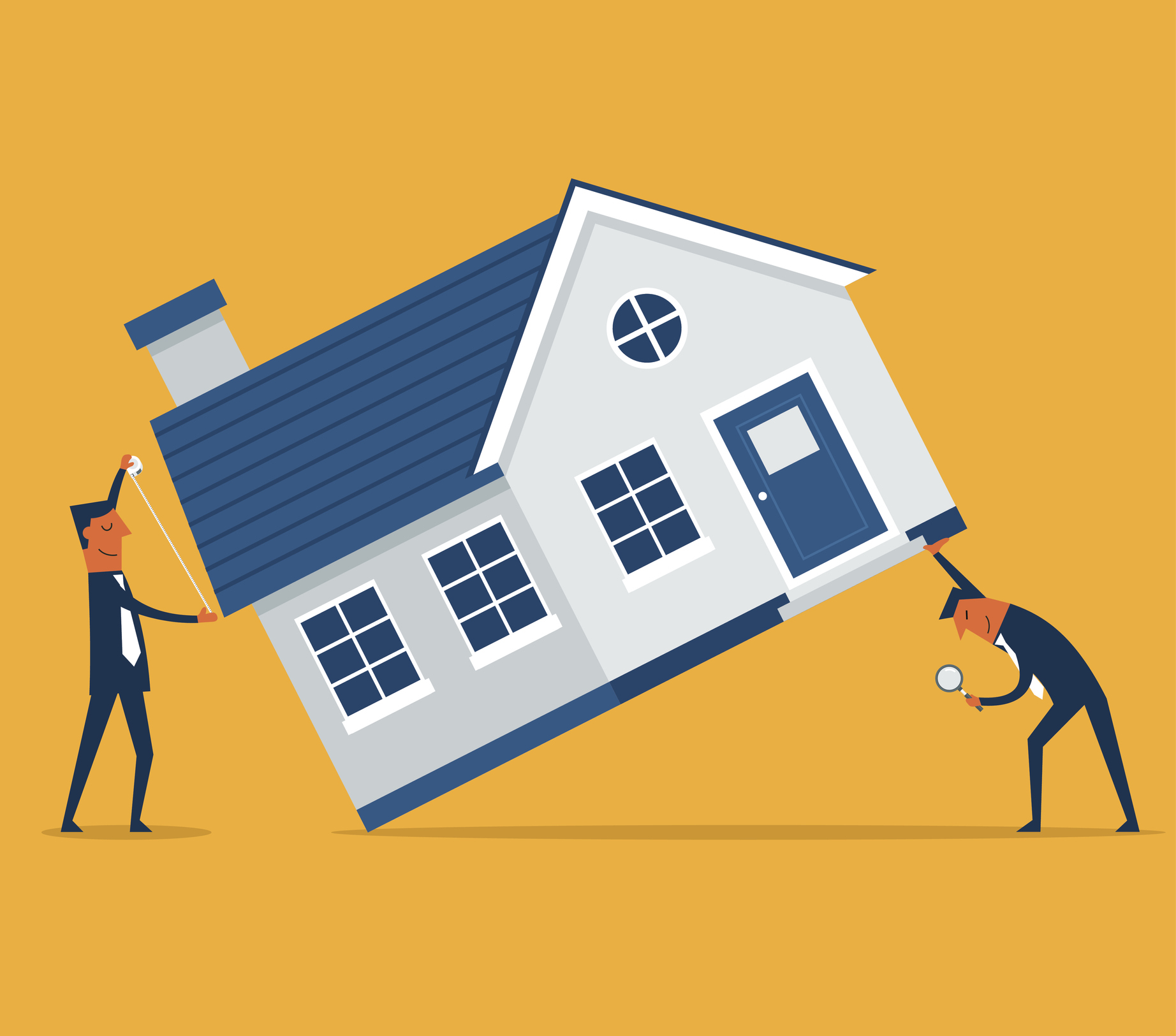 Line art of two people lifting a house to look under it