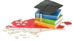Graduation cap on top of books and a Singapore map