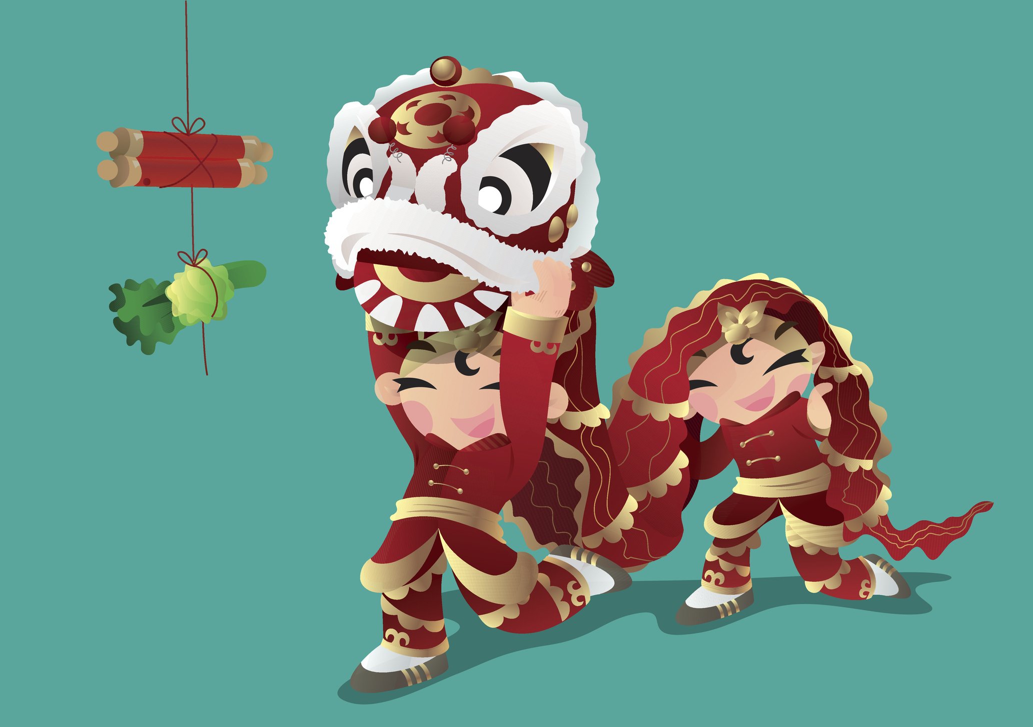 Line art of two lion dancers in front of dangling cabbage