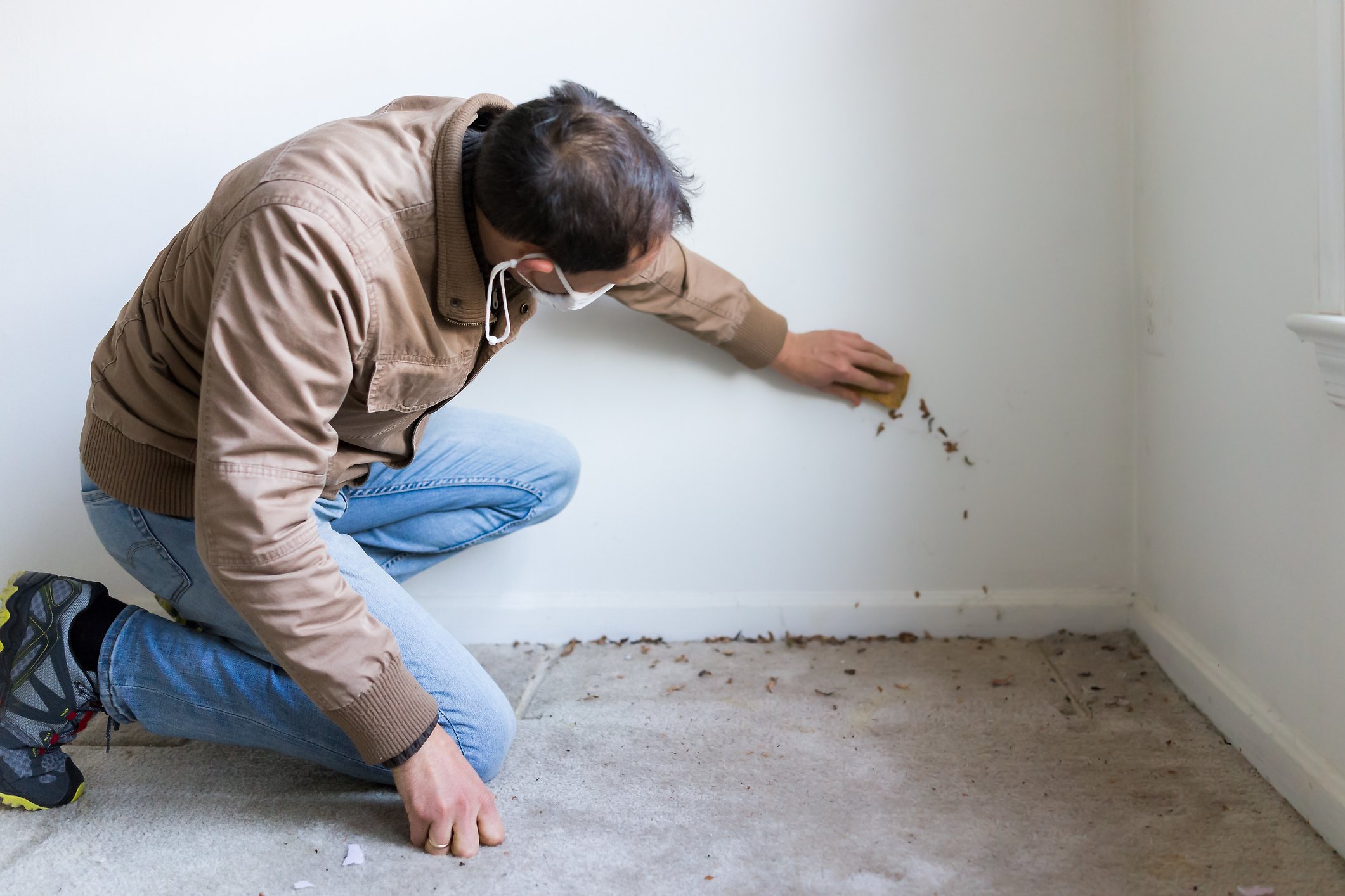 Man inspecting a scratched wall