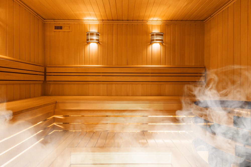 A well-lit steam room.