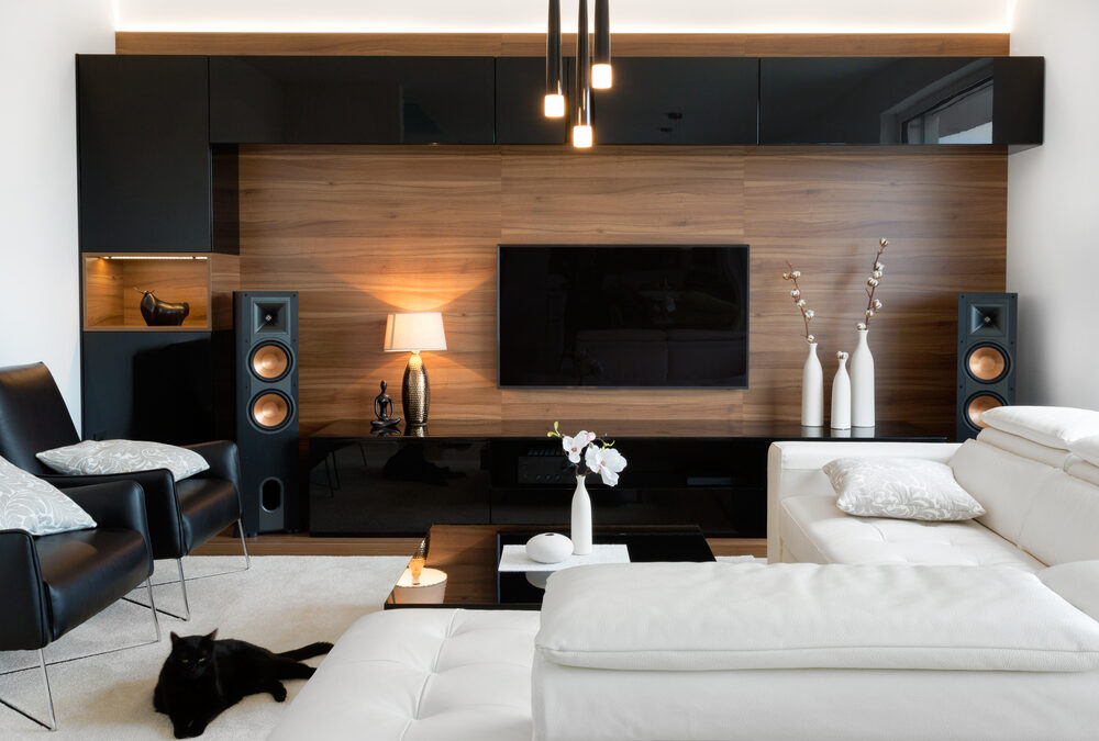 fully furnished living room with sofa, tv console and audio system