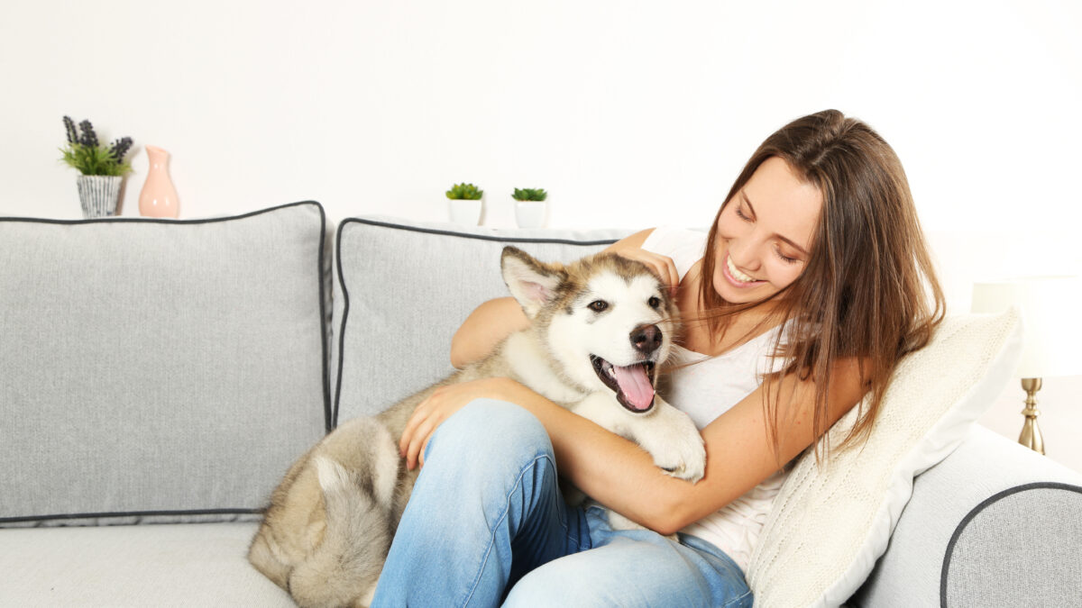 lady and her dog on the sofa at home