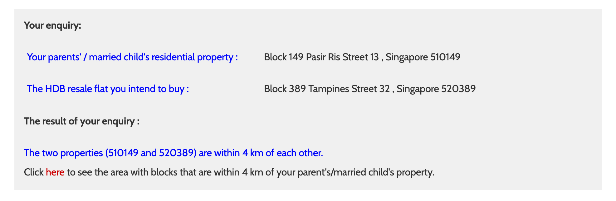 HDB Distance Enquiry e-service for Proximity Housing Grant (PH)