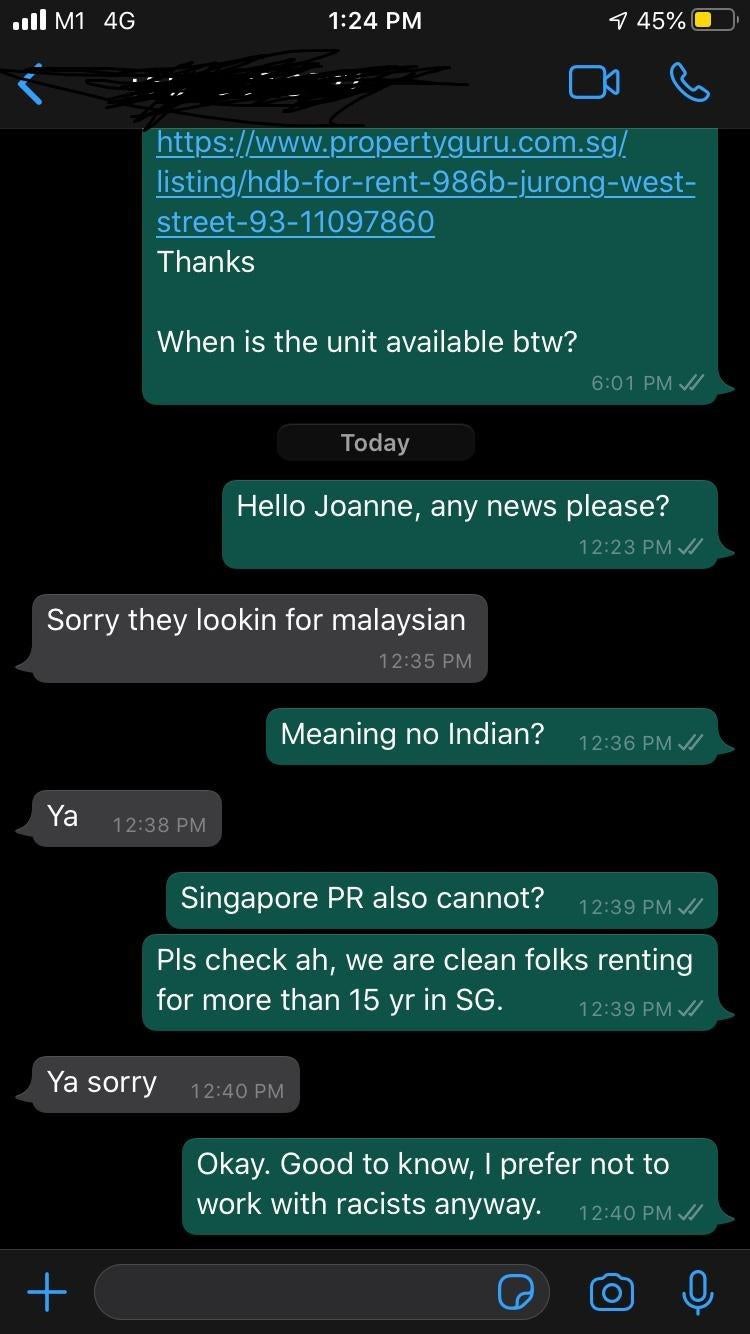 indian race discrimination tenants renting in Singapore