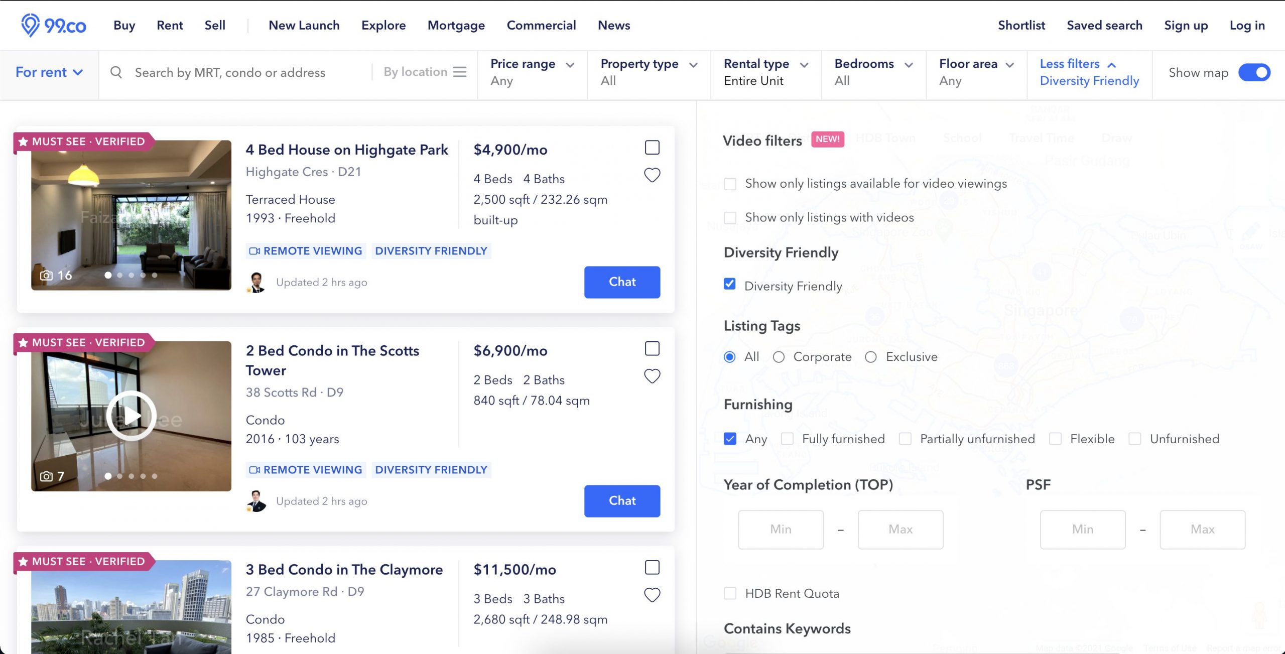 IMAGE: Searching for rental units by Diversity Friendly filter on 99.co