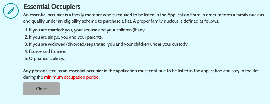 Screenshot of essential occupier definition from HDB