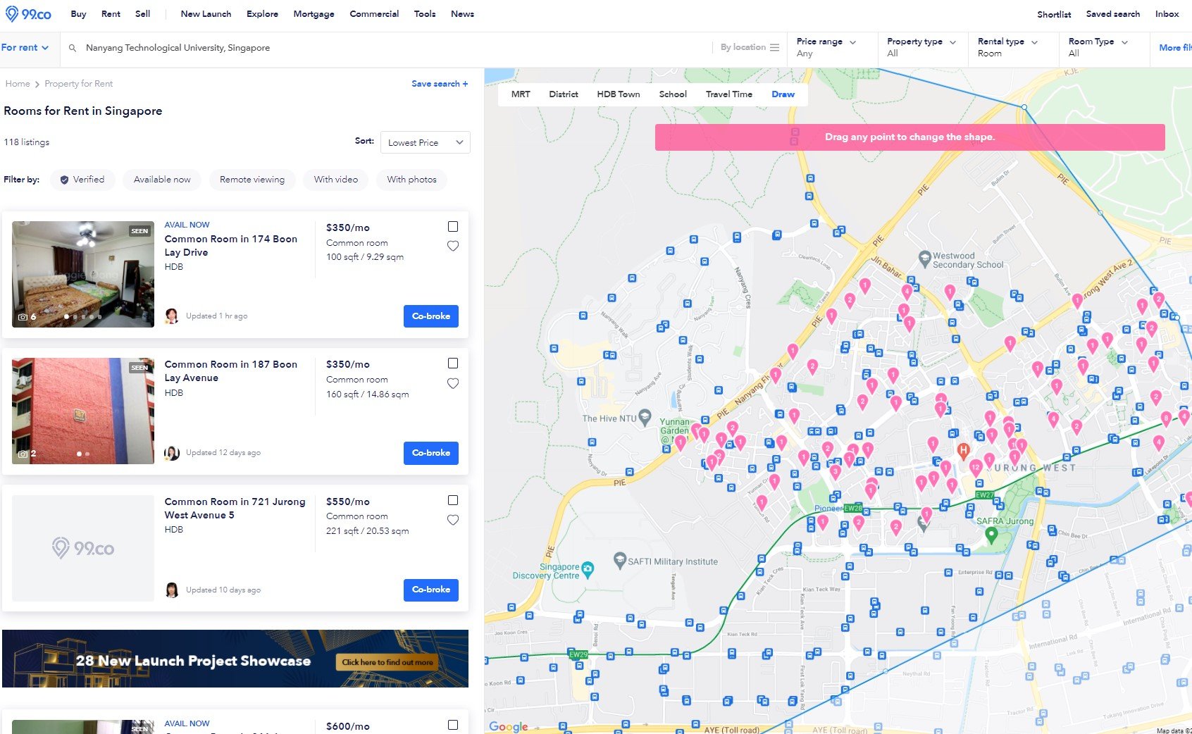 99.co rental listings around ntu