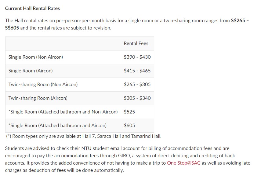 ntu housing hostel rental rates