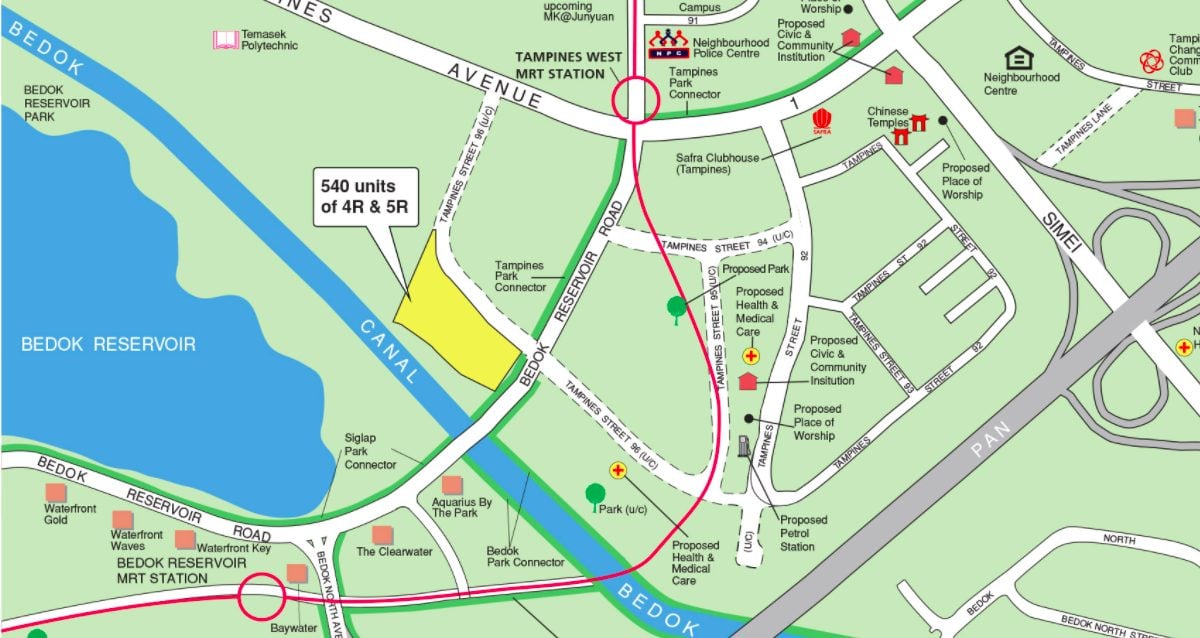 August 2021 Tampines BTO map near Bedok Reservoir