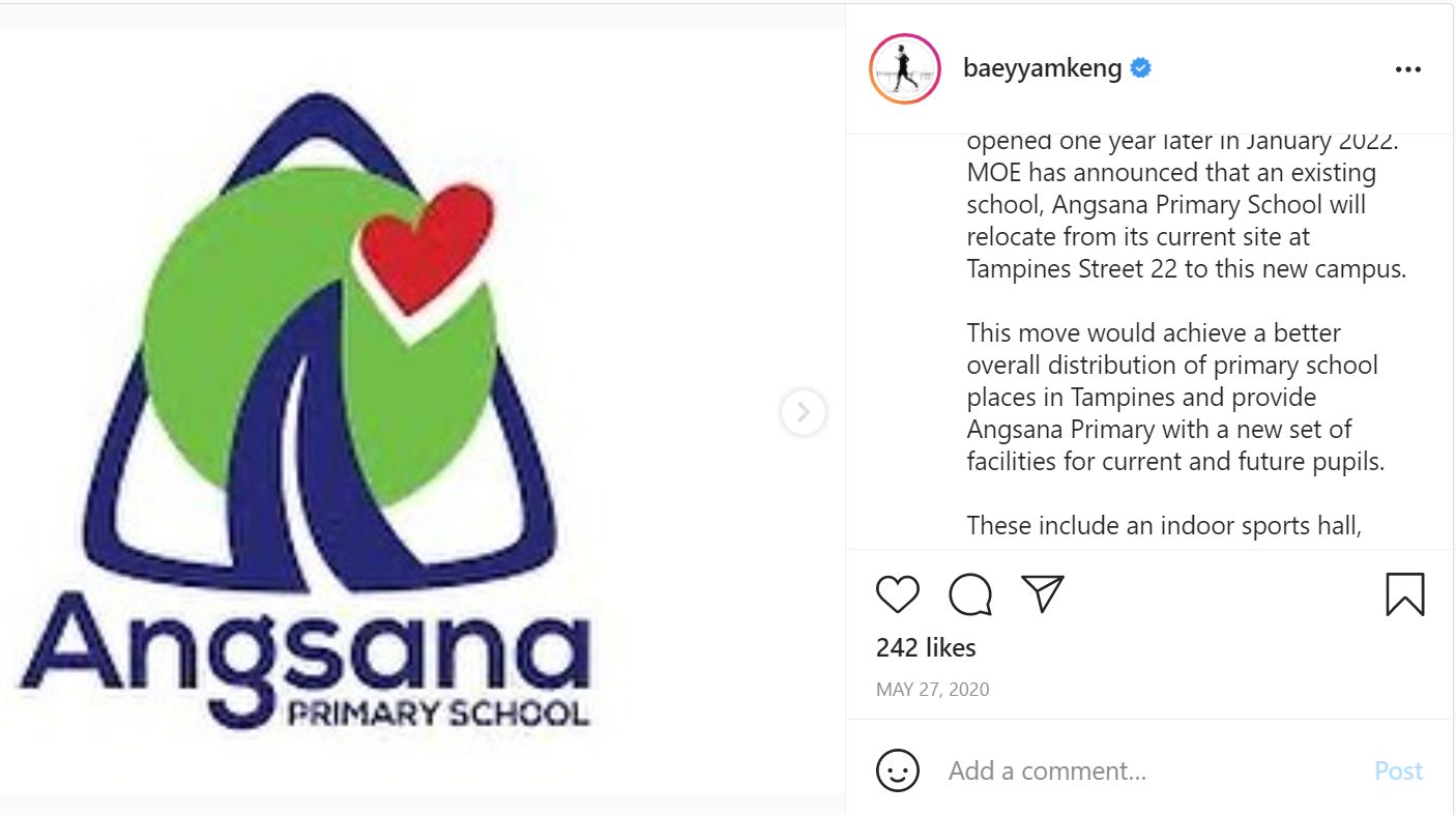 Baey Yam Keng instagram post on Angsana Primary School relocation