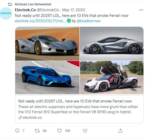 EV Ferrari twitter post by Leo KoGuan