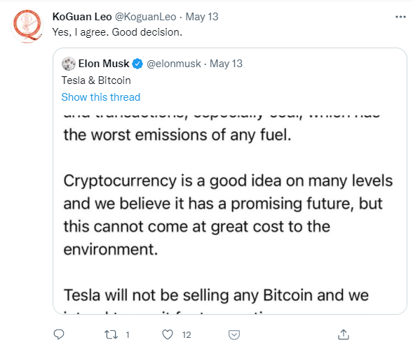 Elon Musk Bitcoin mining Tesla twitter post by Leo KoGuan