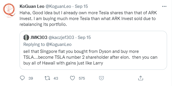 Sell penthouse Tesla twitter post by Leo KoGuan