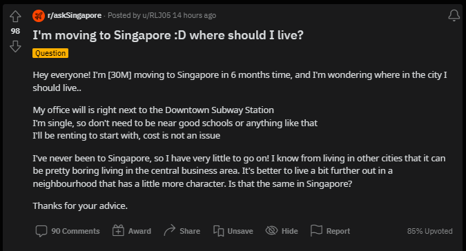 Redditor asking Singaporeans for advice on where to live