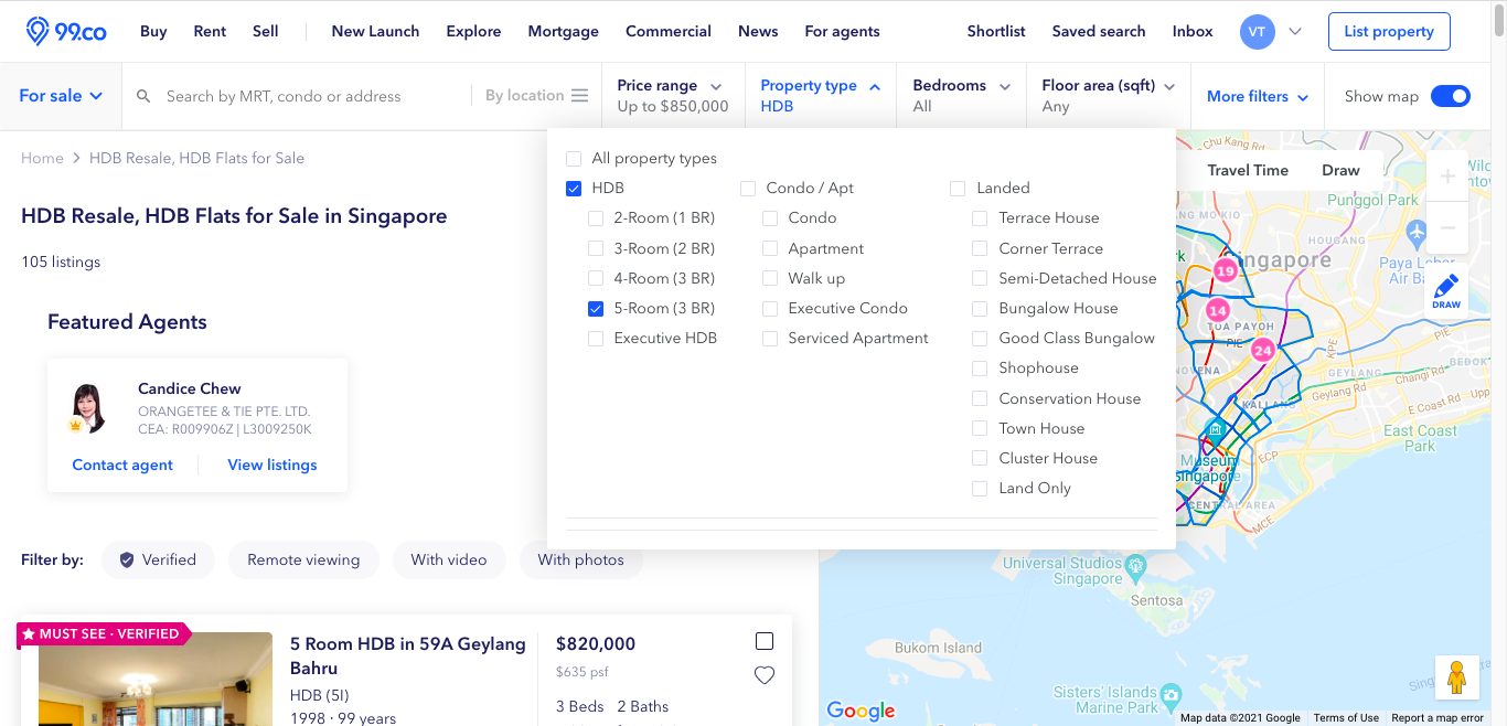 Filtering the listings based on location, price and property type