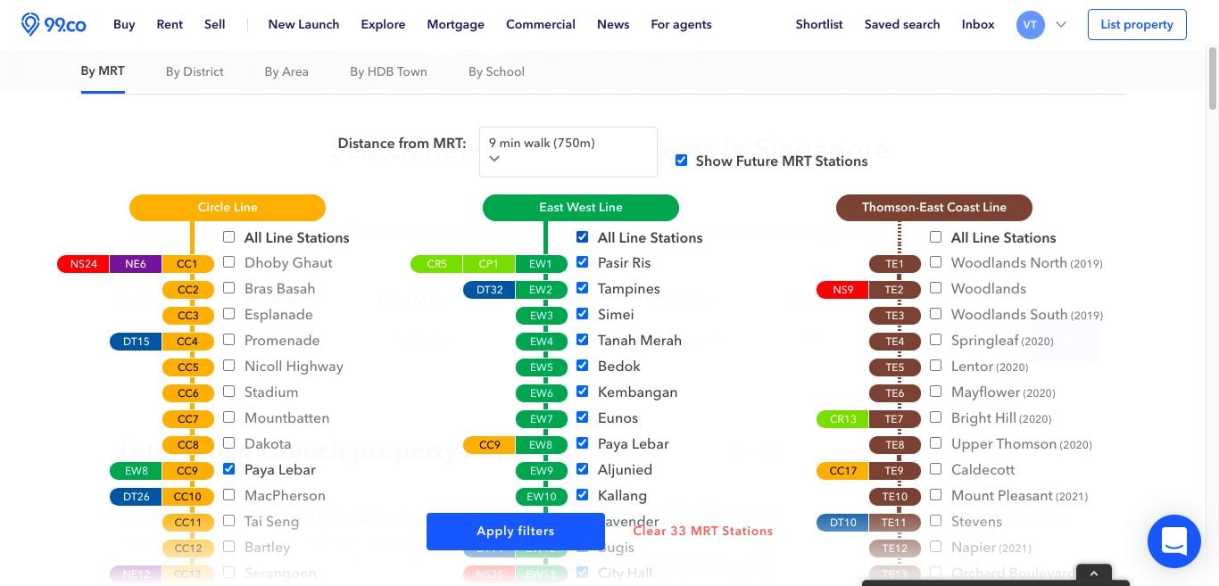 Filter function on 99.co to sort new condo launches by East West Line MRT stations