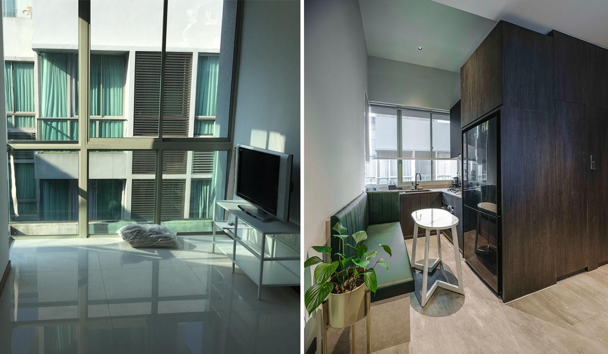 Jalan Besar penthouse overhaul - Living to Kitchen Dining before and after