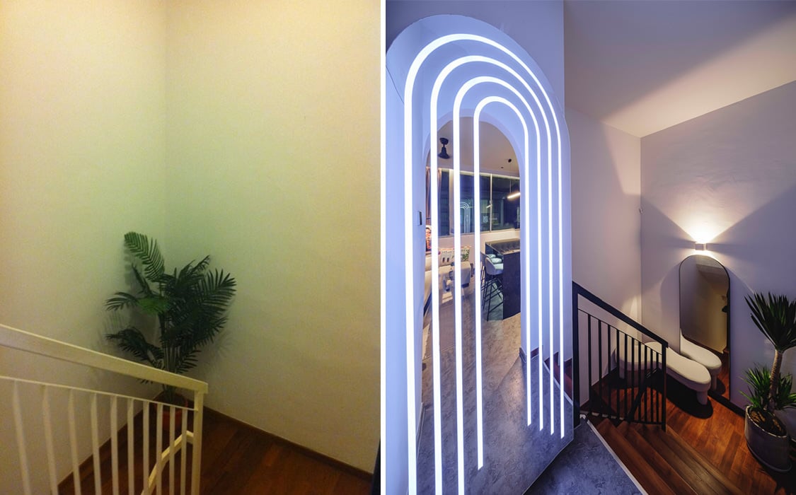 Jalan Besar penthouse overhaul - Mezzanine stairway before and after