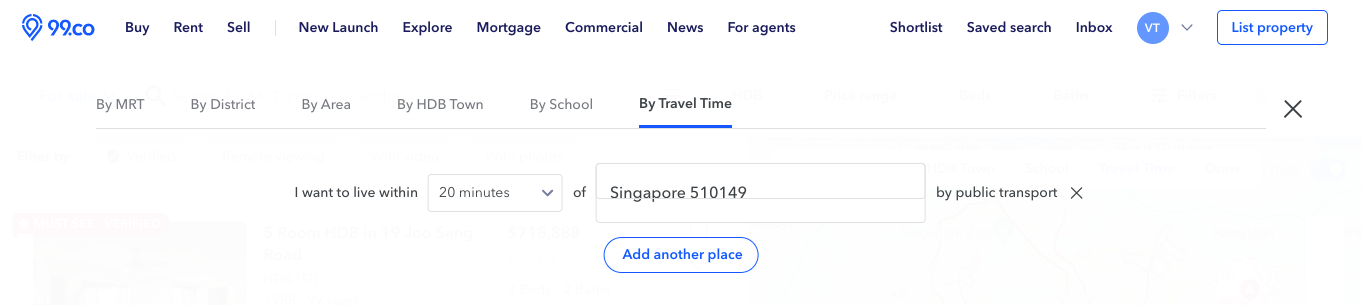 Search travel time function on 99.co