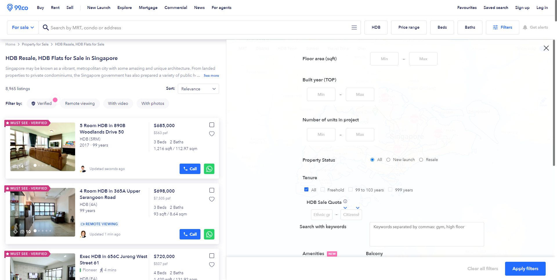 HDB resale flat search filter