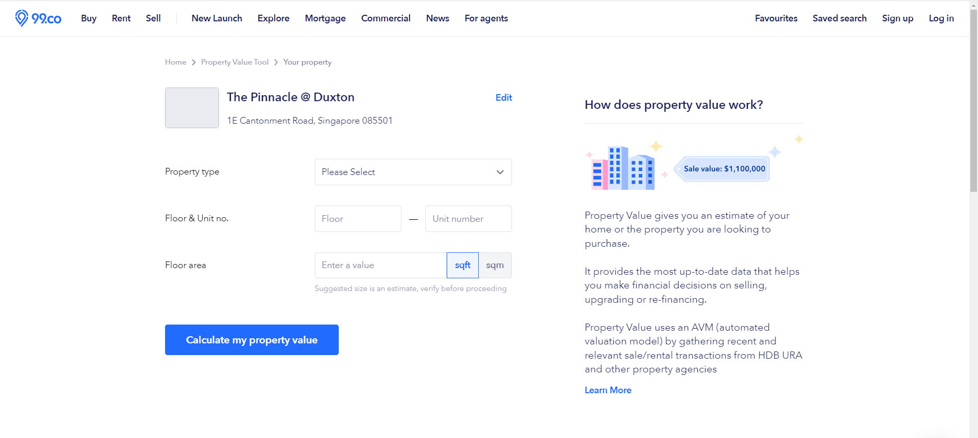 99.co's Property Value Tool for HDB resale flats