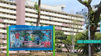 Toa Payoh Bishan town with notice board racial harmony HDB flats