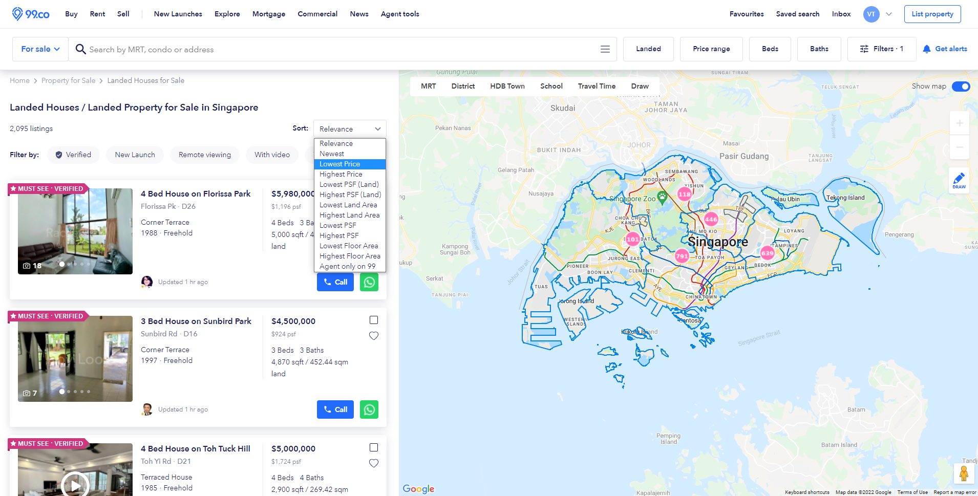 Sort based on lowest price to search landed house