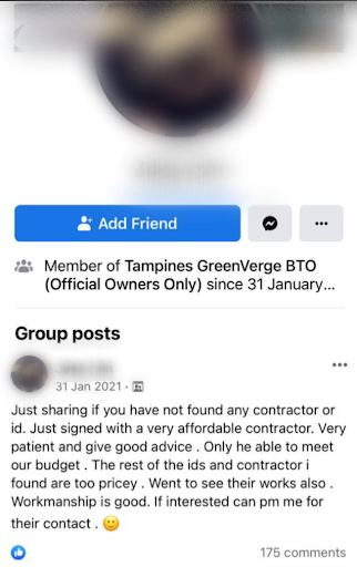 Review about renovation contractor on a BTO group on Facebook