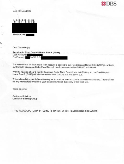 DBS Home Loan Mortgage Revision Rate Letter