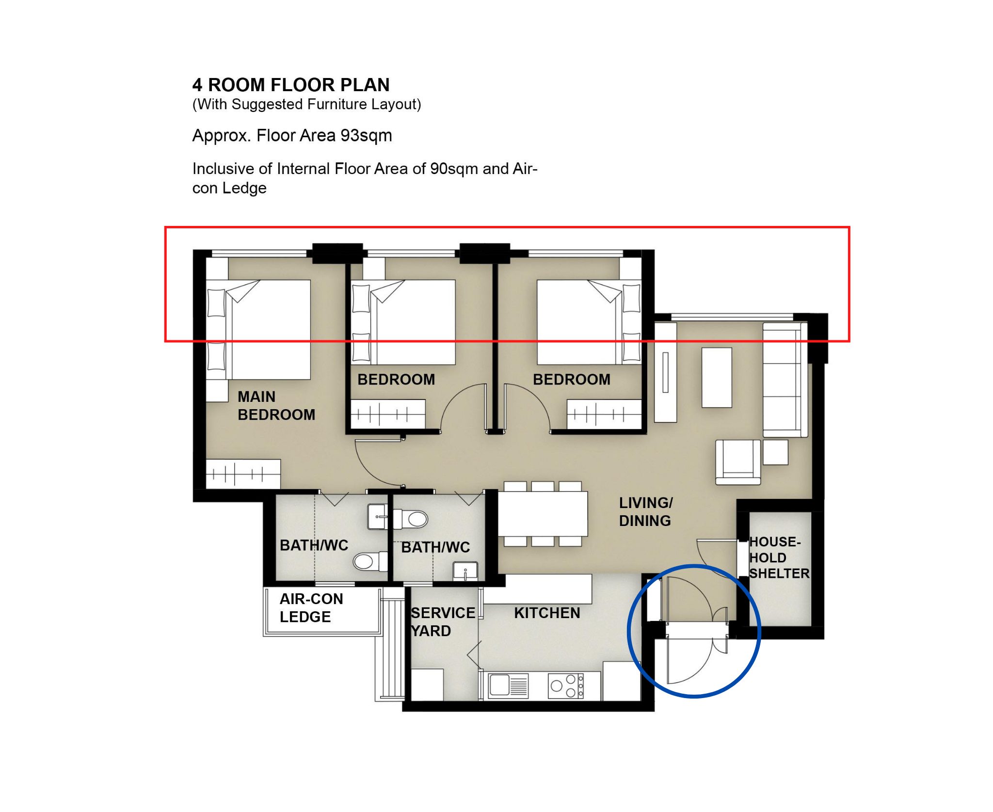 Yishun Beacon floor plan for 4-room flat with markings