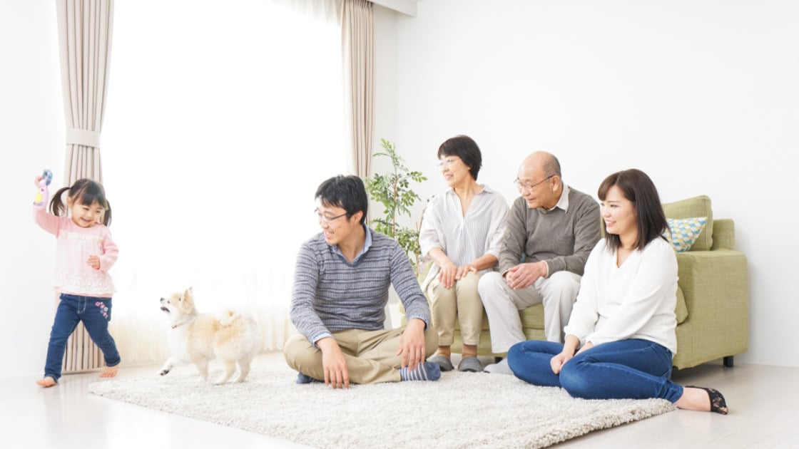 3 generations of family with dog