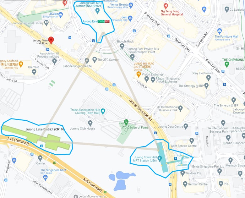 Triangulated zone among three Jurong East stations