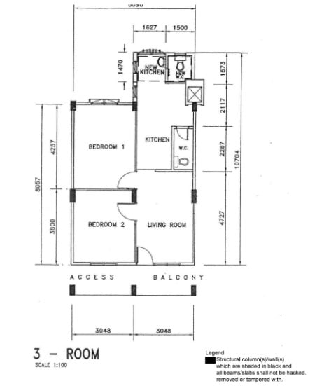 Floor plan of a 3 room flat at Whampoa Gardens