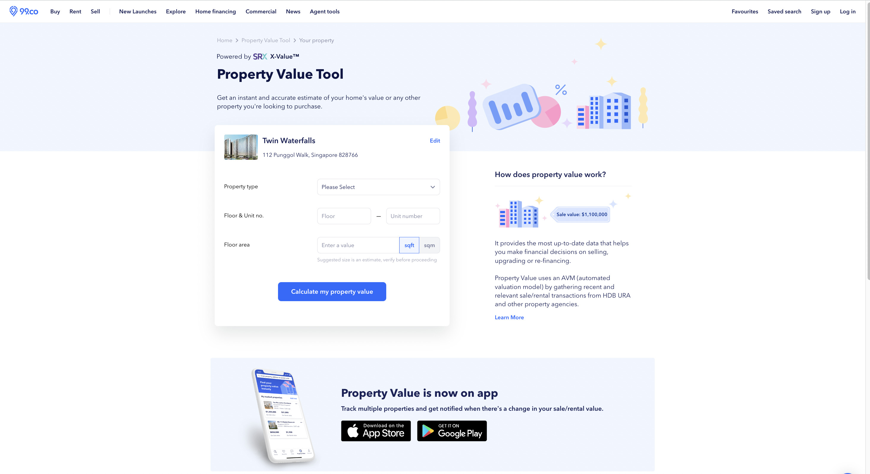 99.co Property Value Tool page